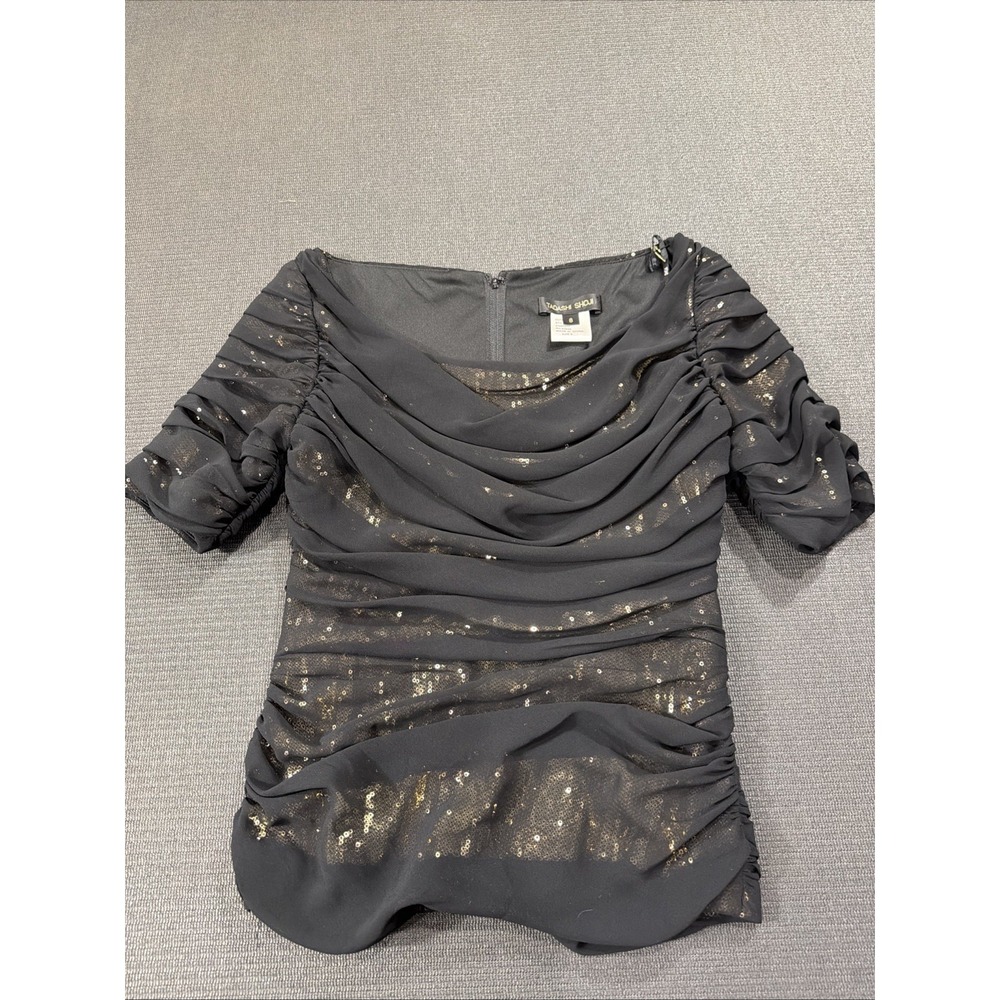 Tadashi Shoji Sheer‎ Mesh Sequin Evening Blouse Cocktail Top Black Gold Size 6